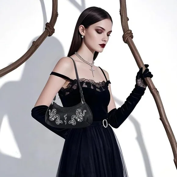 Bat Goth Mini Purse Women Y2K Small Shoulder Bag Star Charm Fashion Black Snake - Picture 2 of 8